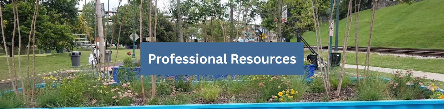 A photo of green space featuring trees and a small garden, with text overlay that says Professional Resources